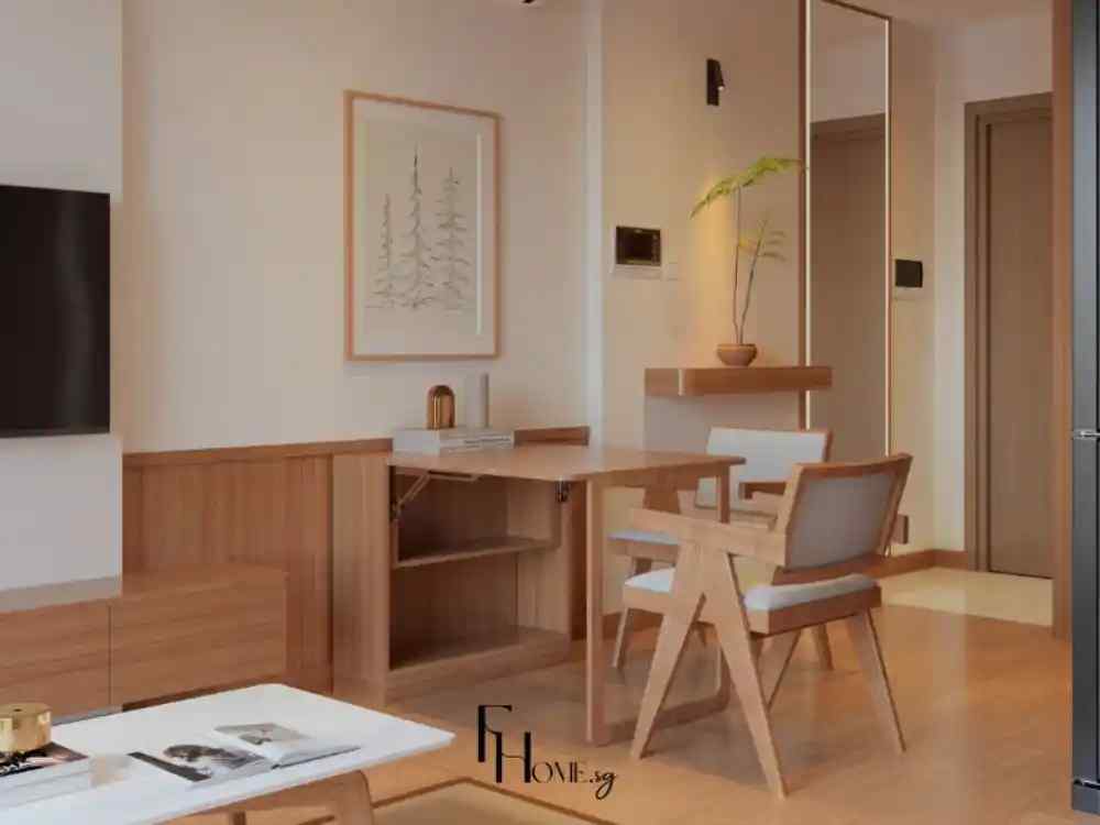 Phòng khách phong cách Japandi với tông màu gỗ sáng, bàn ghế gỗ tự nhiên và cây xanh trang trí.