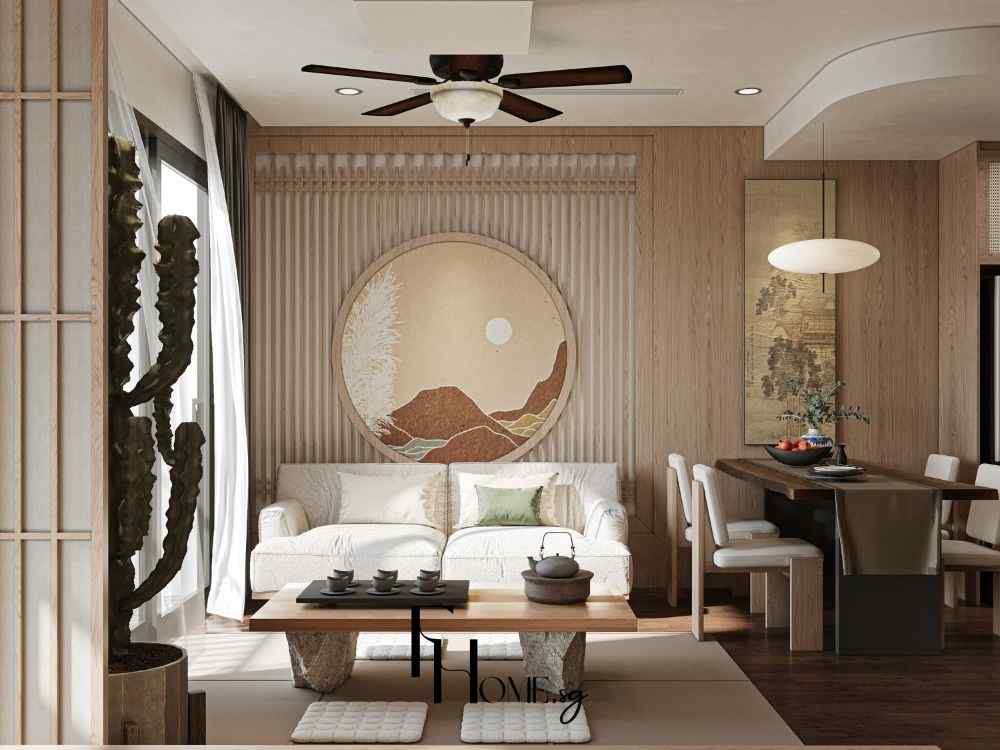 Phòng khách phong cách Japandi với tường ốp gỗ, sofa sáng màu, bàn trà thấp