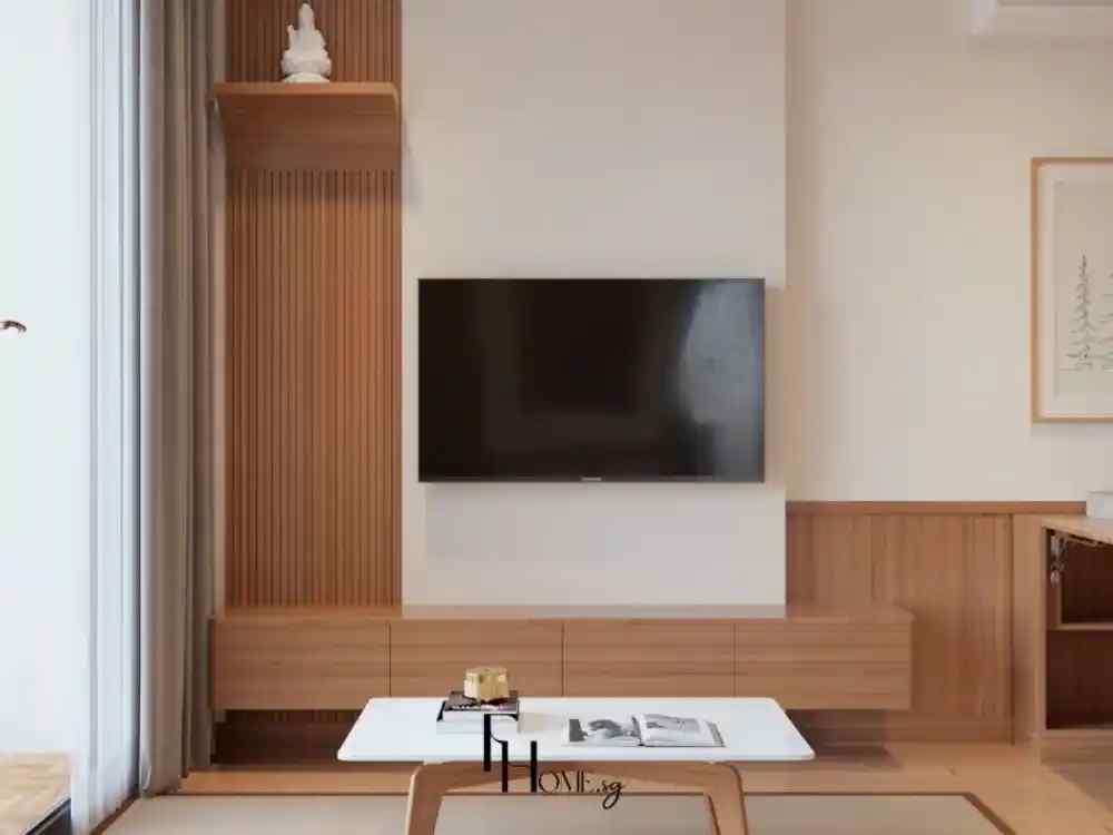 Phòng khách phong cách Nhật Bản hiện đại với kệ tivi gỗ, tường ốp lam dọc và tượng trang trí tối giản