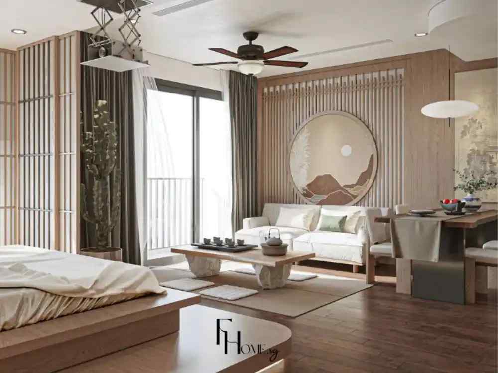 Phòng khách phong cách Nhật Bản liền giường ngủ, nội thất gỗ sáng, tranh tròn nghệ thuật và bàn trà thấp