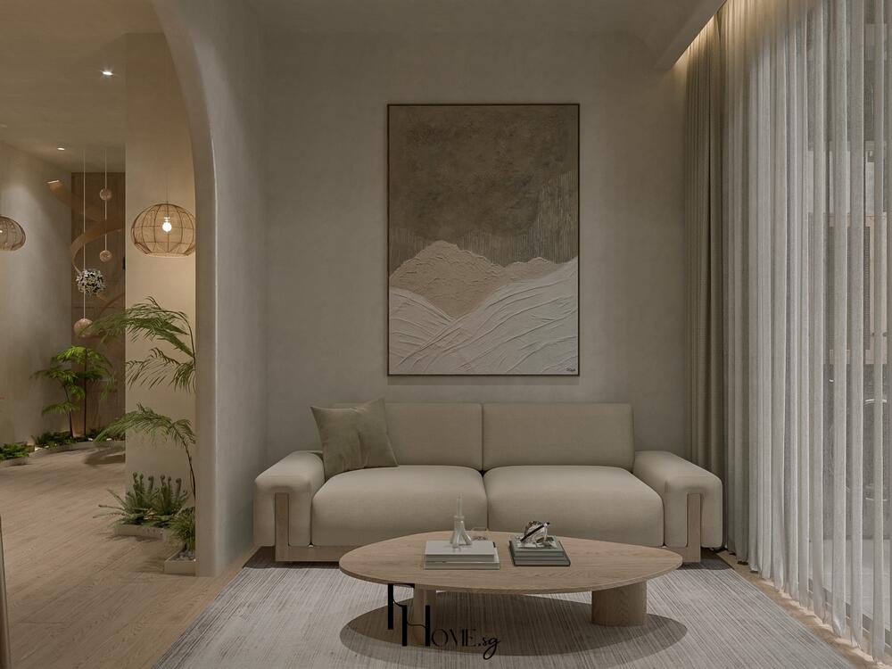 Phòng khách phong cách Nhật Bản với ánh sáng dịu nhẹ, tạo không gian thiền riêng tư tĩnh lặng