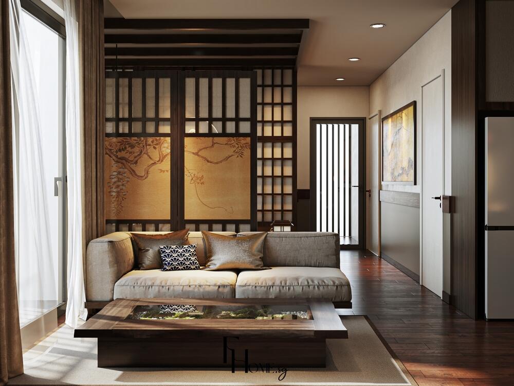 Phòng khách phong cách Nhật Bản với cửa trượt gỗ, bàn trà thấp và sofa vải trung tính