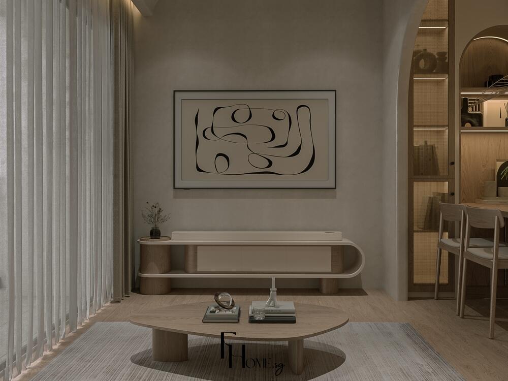 Phòng khách phong cách Nhật Bản với nội thất gỗ sáng, tranh treo tường và rèm xuyên sáng