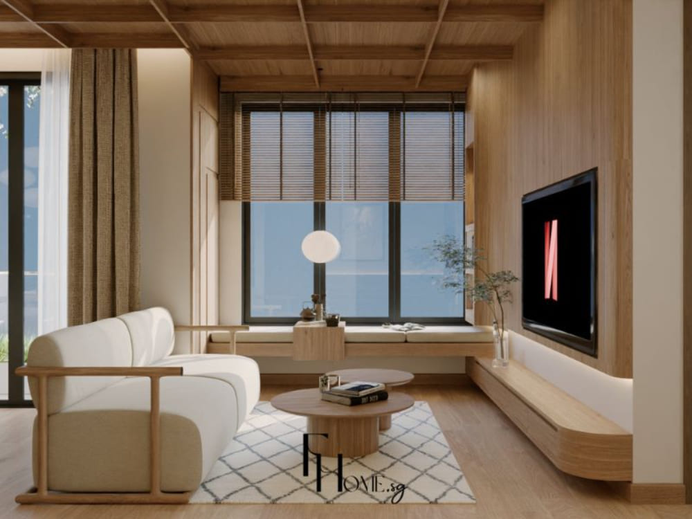 Phòng khách phong cách Nhật Bản với sofa sáng màu, bàn trà gỗ tròn và cửa sổ lớn đón sáng