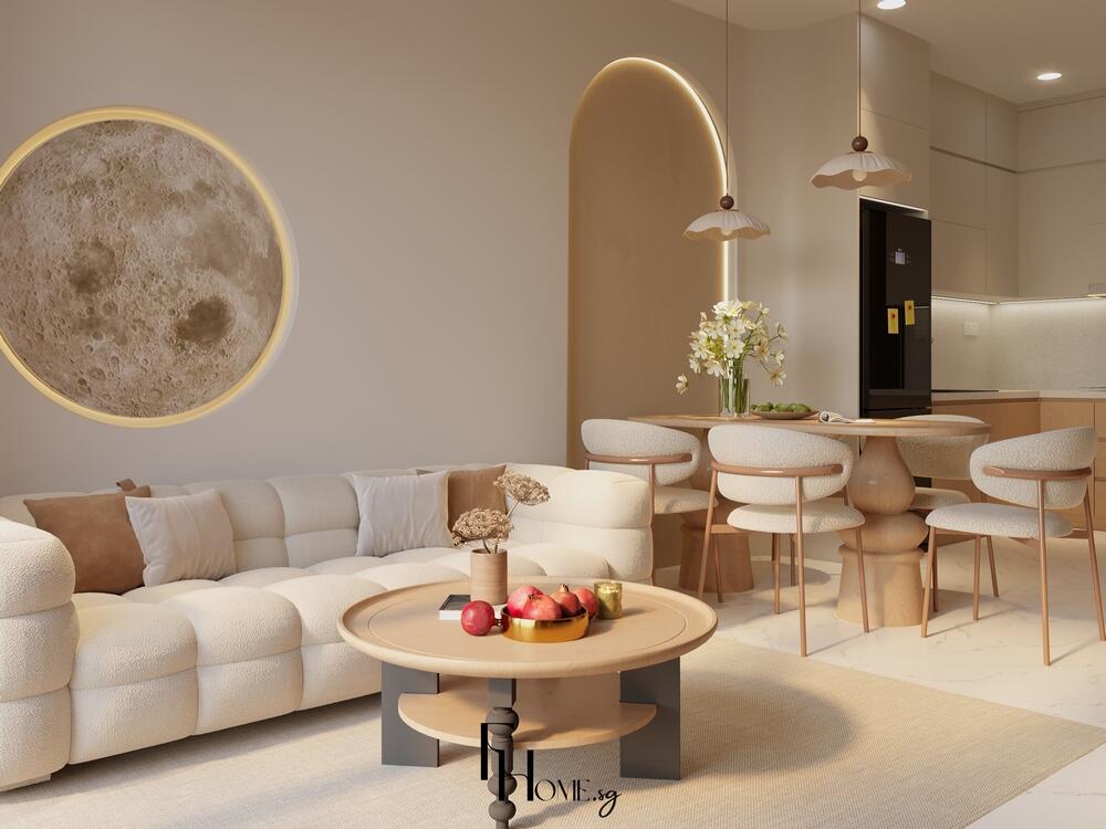 Phòng khách phong cách Nhật Bản với sofa sáng màu, bàn trà tròn và ánh sáng dịu nhẹ