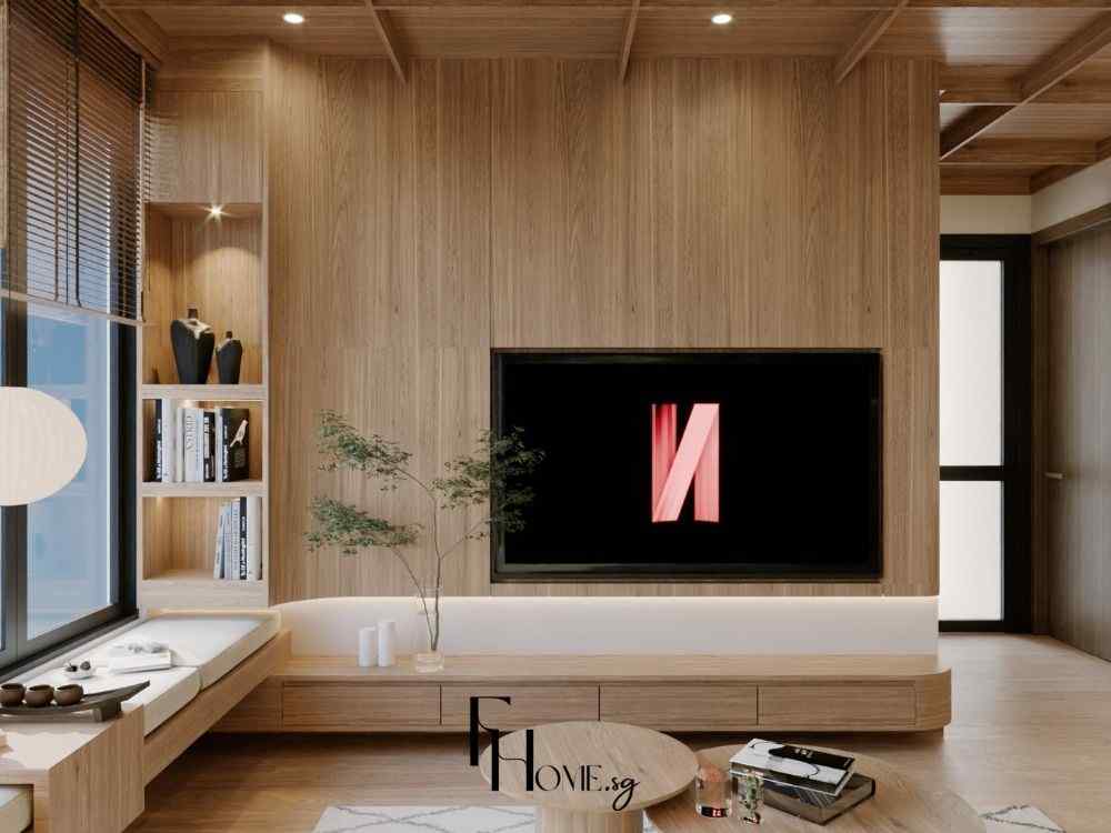 Phòng khách phong cách Nhật Bản với tường gỗ ốp toàn phần, băng ghế cửa sổ, kệ sách âm tường