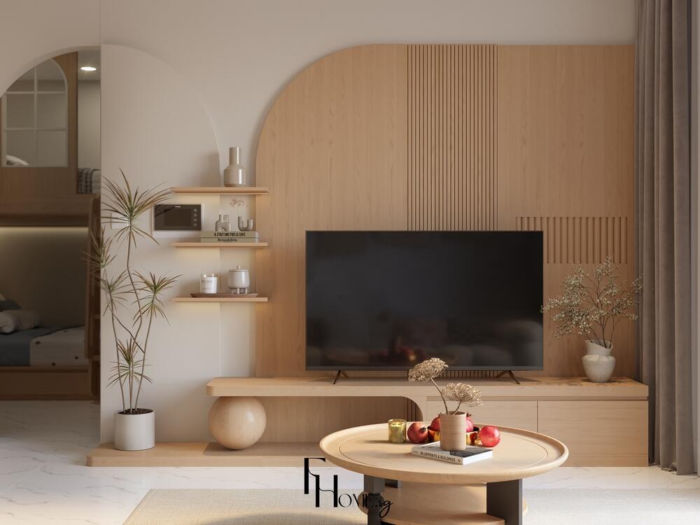 Phòng khách phong cách Nhật Bản với vách TV bo tròn ốp gỗ sáng, kệ TV liền khối, bàn trà tròn