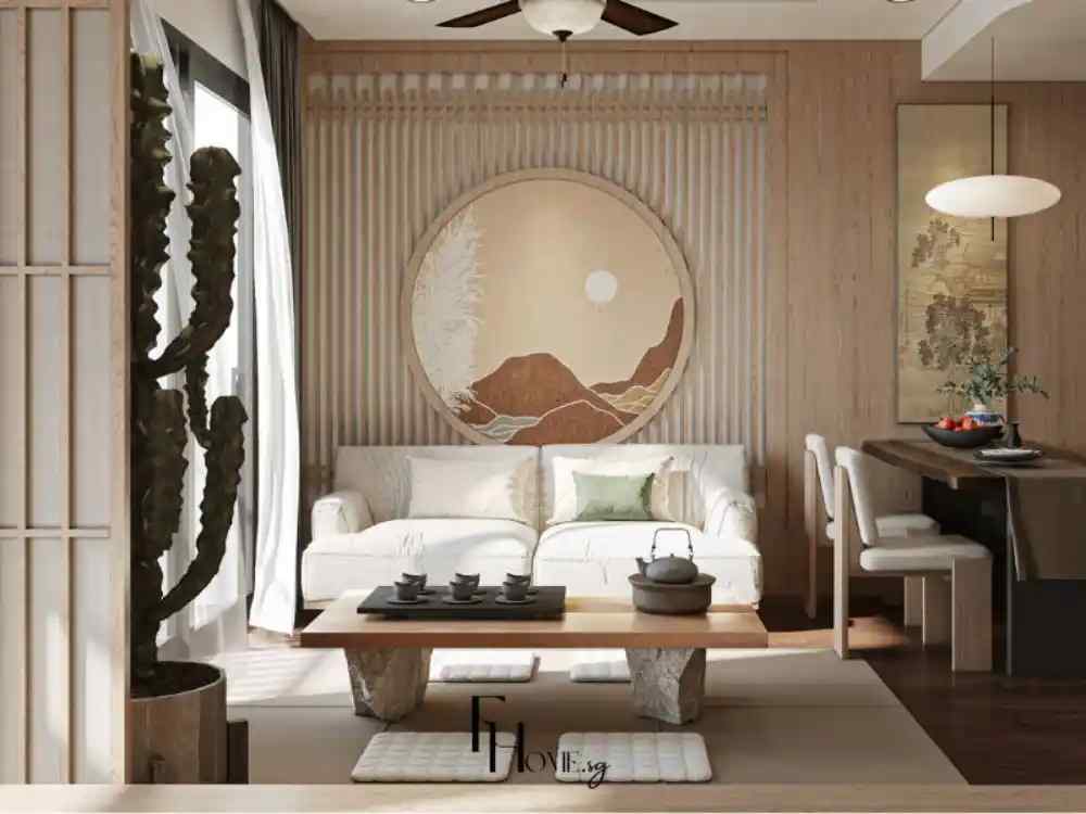 Phòng khách phong cách Nhật Bản Zen, sofa trắng, bàn trà gỗ thấp, tranh tròn treo tường họa tiết núi và mặt trời