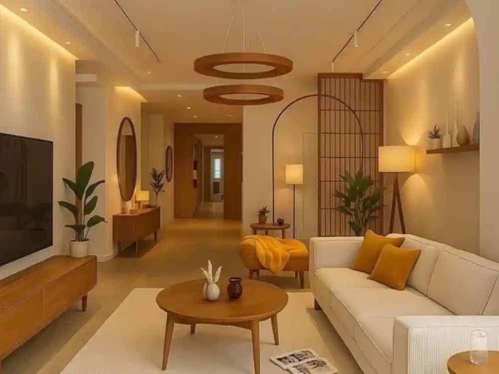 Phòng khách phong cách Nhật, nội thất gỗ nâu ấm, sofa kem, đèn tròn treo, vách nan trang trí