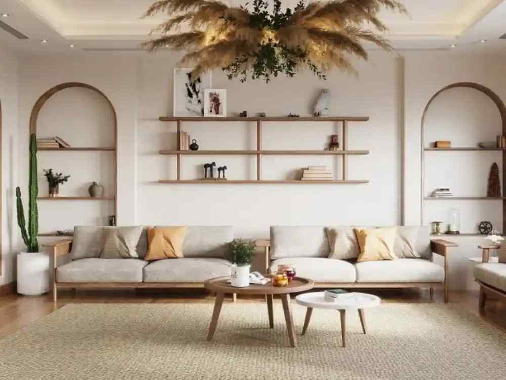 Phòng khách phong cách Scandinavian sáng sủa với sofa màu be, bàn trà gỗ sáng, kệ trang trí tối giản