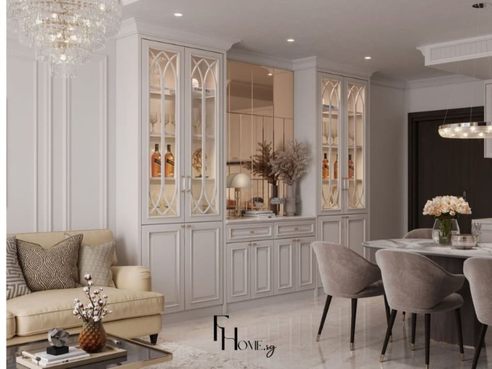 Phòng khách phong cách tân cổ điển với gam màu trắng – be tinh tế, nội thất bo cong mềm mại, đèn chùm pha lê sang trọng