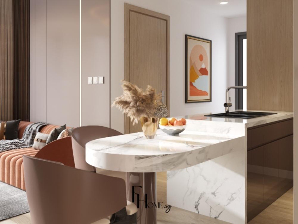 Phòng bếp hiện đại với màu xám, trắng kết hợp kệ bếp bê tông, mặt bàn kính thủy tinh