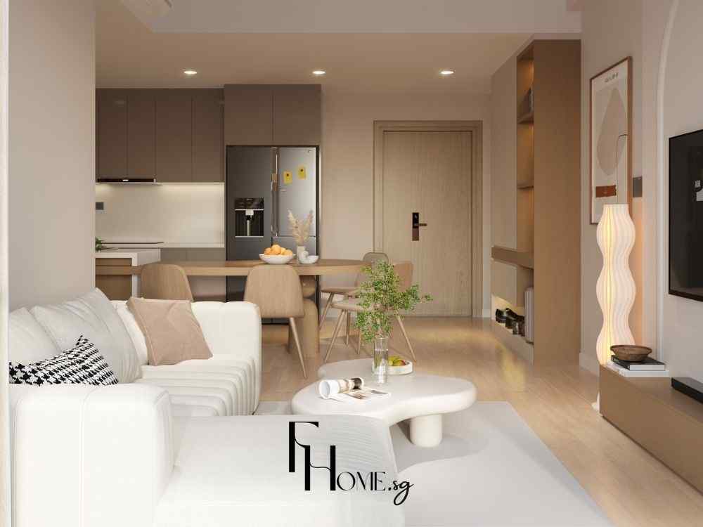 Phòng khách phong cách tối giản với gam màu be, sofa trắng, bàn trà bo tròn