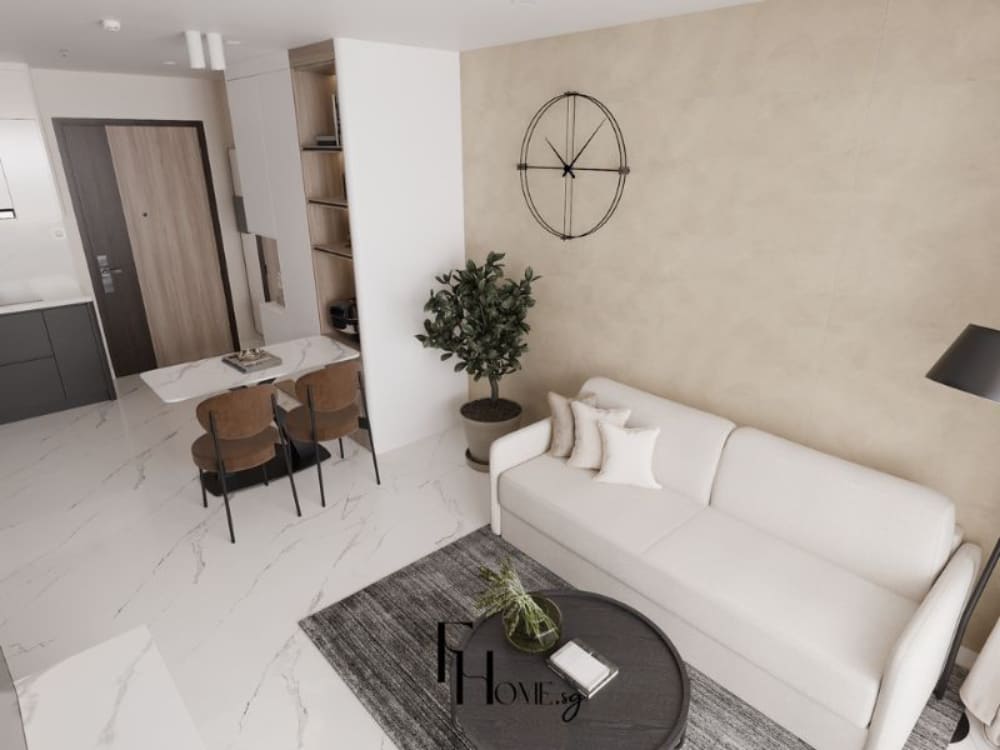 Phòng khách phong cách tối giản với sofa trắng tinh gọn, bàn tròn nhỏ và tường trang trí đồng hồ