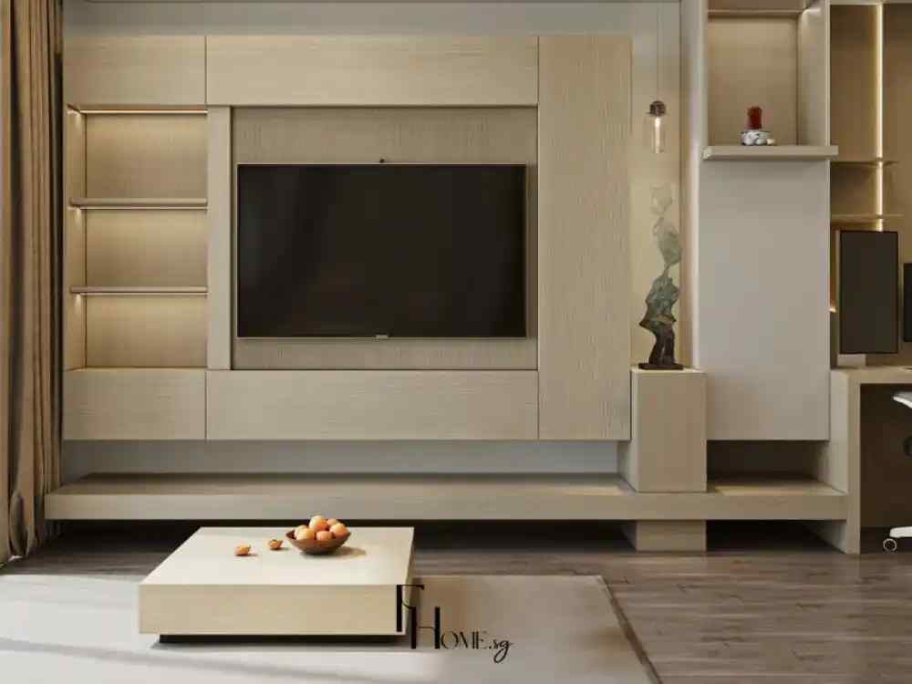 Phòng khách phong cách tối giản với tông gỗ sáng chủ đạo, kệ tivi phẳng hiện đại, bàn trà thấp