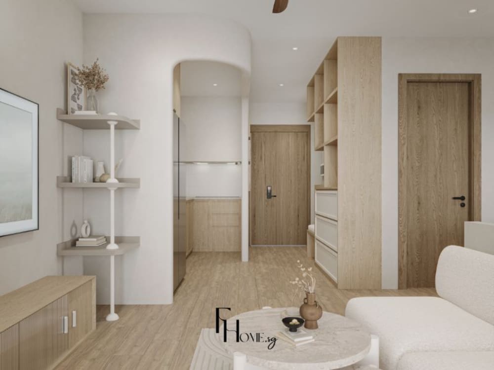 Phòng khách phong cách Wabi Sabi với nội thất đơn giản, vật liệu gỗ và đá, tông màu trung tính