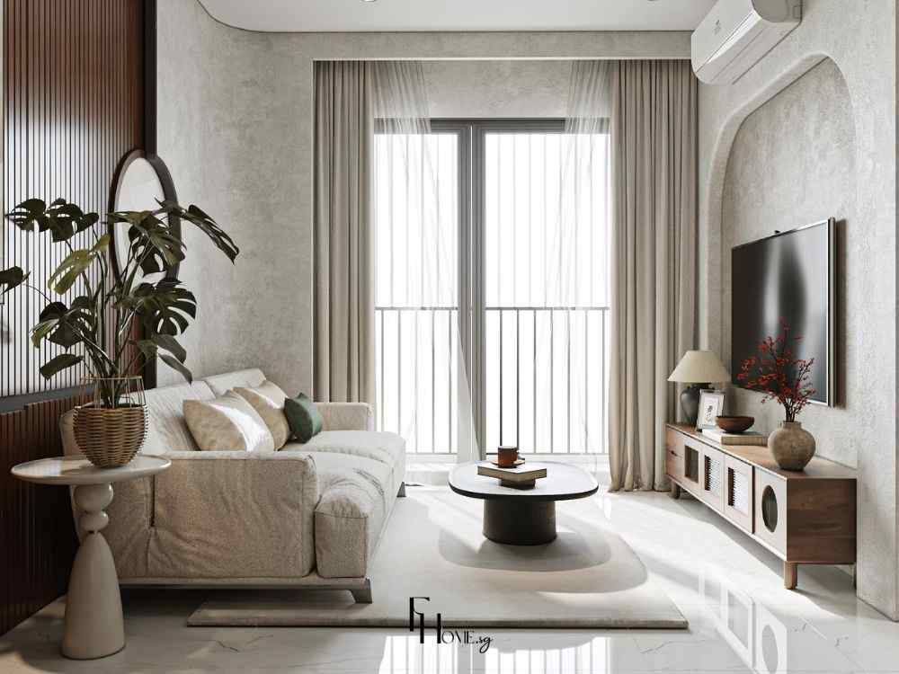 Phòng khách phong cách Wabi Sabi với sofa trung tính, bàn tròn đen, thảm sáng màu