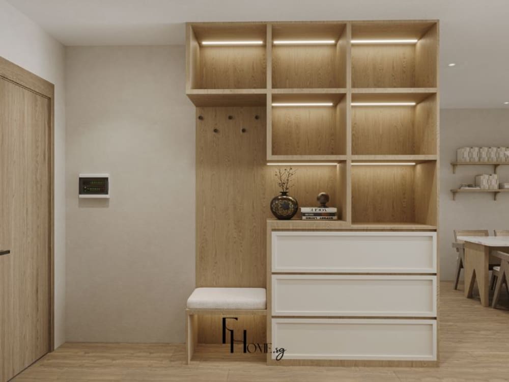 Phòng khách phong cách Wabi Sabi với tông màu vàng trắng chủ đạo