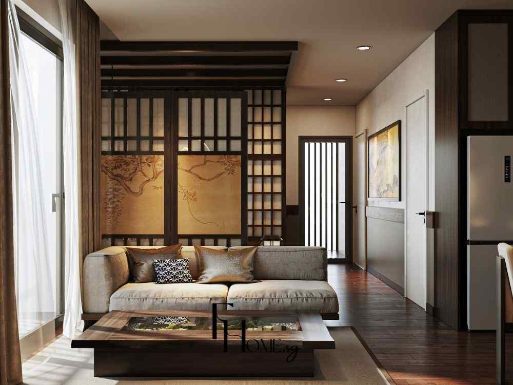 Phòng khách phong cách Zen với vách Shoji tối màu, bàn trà gỗ thấp