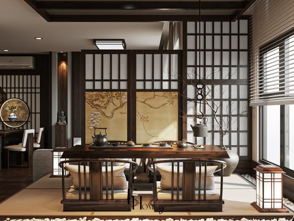 Phòng khách phong cách Zen với sofa gỗ sáng màu, bàn trà và chi tiết tre mang lại không gian thanh tịnh.