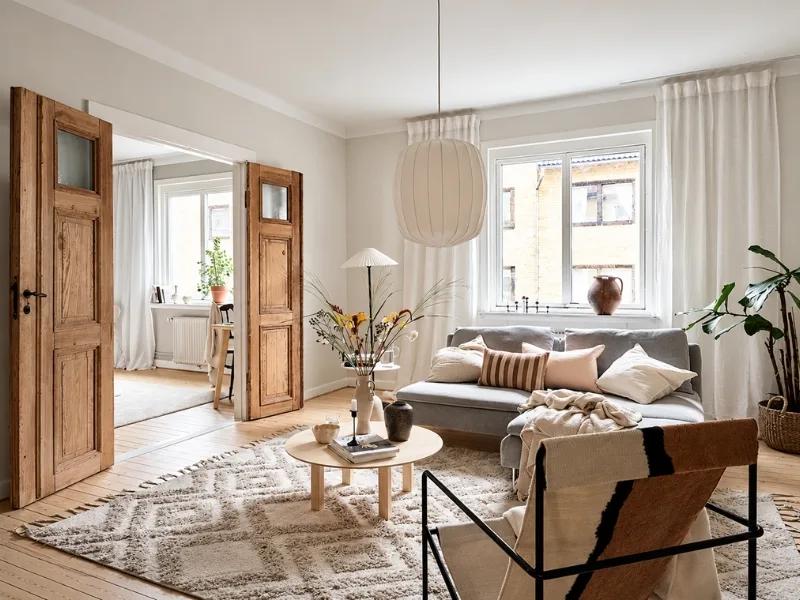 Phòng khách phong cách Rustic có sofa màu trung tính dưới dầm gỗ gần bộ cửa gỗ mở rộng.