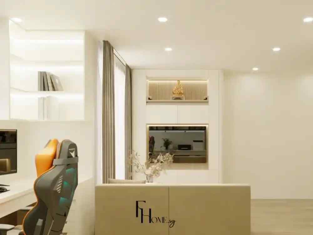 Phòng khách sáng sủa với sofa be, bàn nhỏ trang trí hoa khô