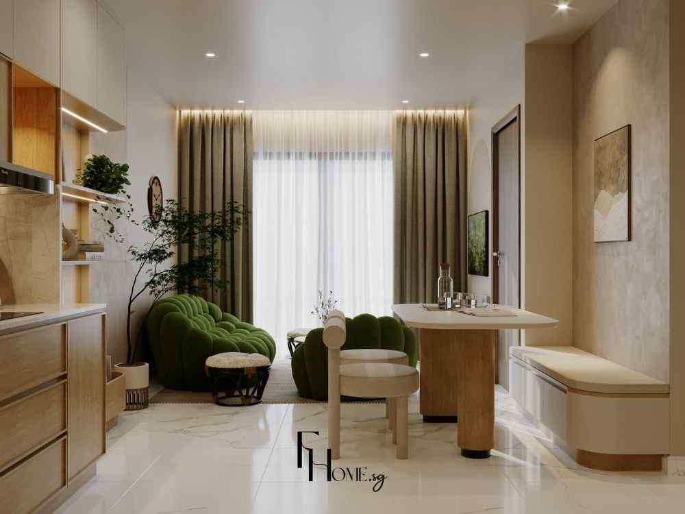 Phòng khách sáng thoáng với rèm hai lớp, gam màu be chủ đạo