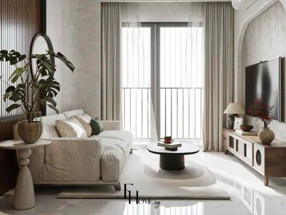 Phòng khách sáng thoáng với sofa vải màu be, bàn trà tròn và kệ TV gỗ tự nhiên