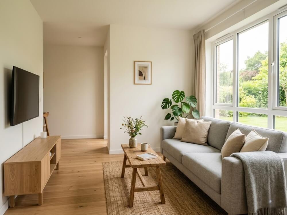 Phòng khách phong cách Scandinavian sofa xám sáng, bàn trà gỗ mộc mạc và cửa sổ lớn đón ánh sáng trong căn hộ 68m2