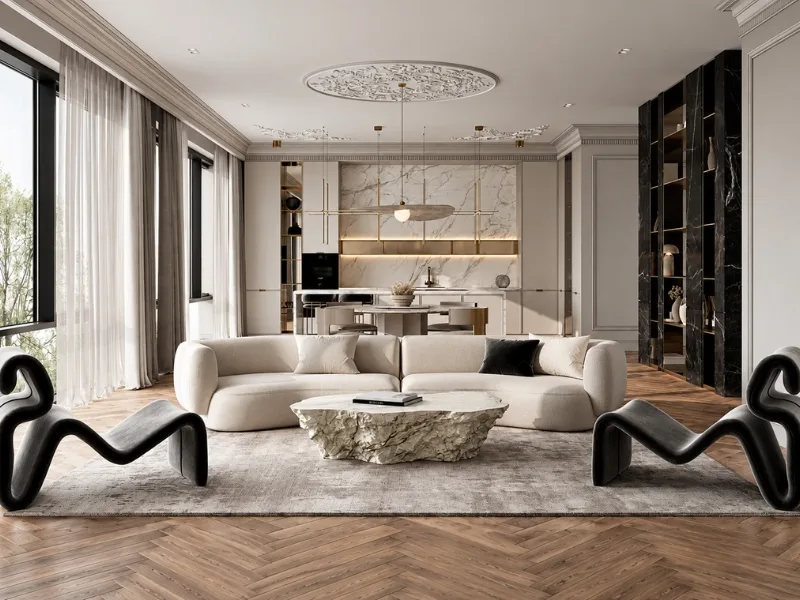 Phòng khách phong cách tân cổ điển phối sofa trắng với ghế đen dáng điêu khắc dưới trần phào chỉ.