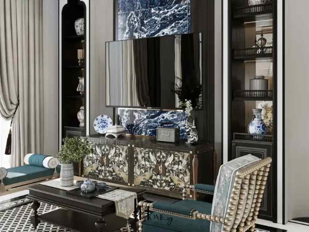 Phòng khách theo phong cách Indochine với kệ trang trí sơn đen, tường đá xanh vân mây và nội thất họa tiết chim hạc tinh xảo