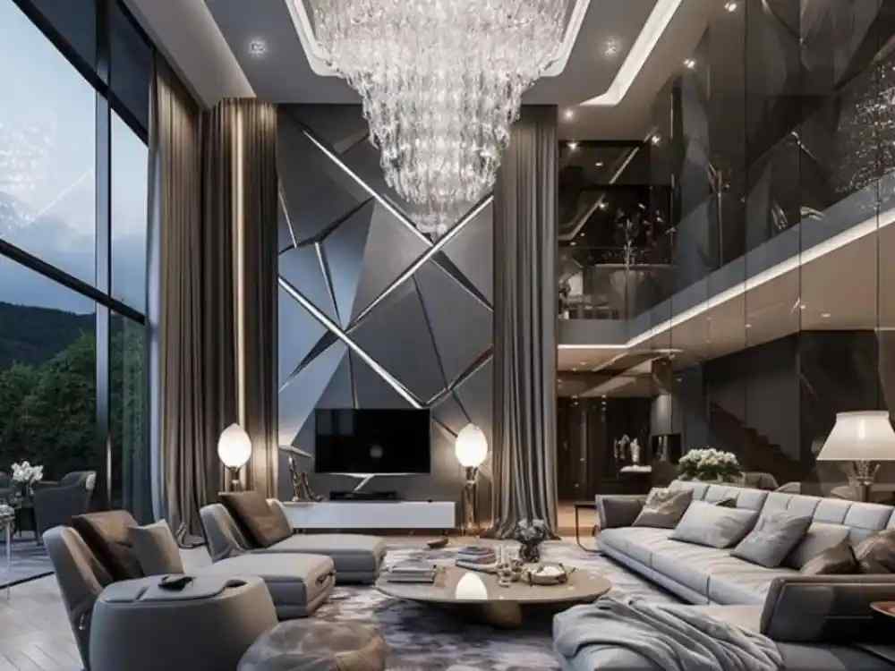 Phòng khách theo phong cách Luxury với ghế da màu kem, bàn tròn gương và tranh chân dung nghệ thuật treo tường