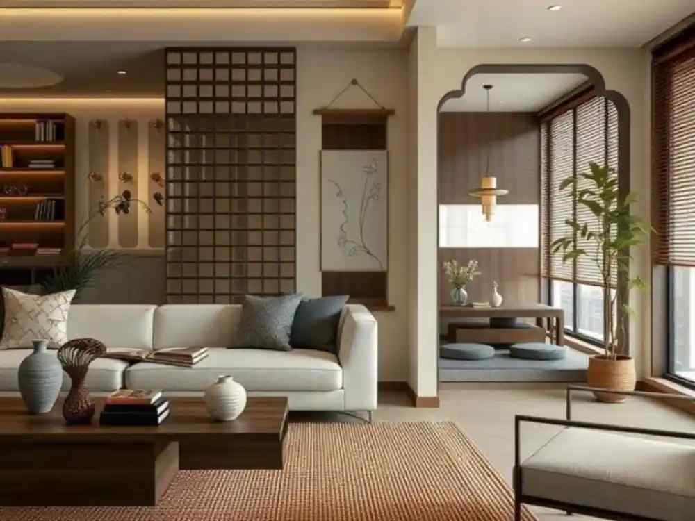 Phòng khách theo phong cách Zen với sofa be sáng, bàn gỗ thấp và không gian thiền tĩnh lặng