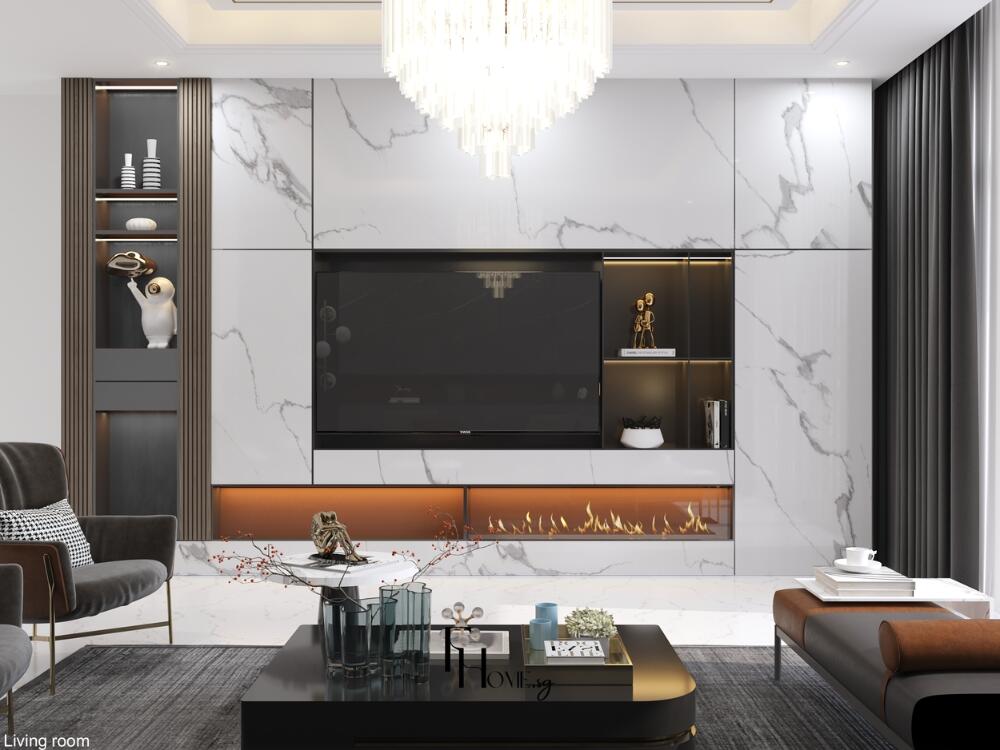 Phòng khách thiết kế và thi công nhà phố 1 trệt 2 lầu - 180m² sàn - Phong cách Modern Luxury - View 1