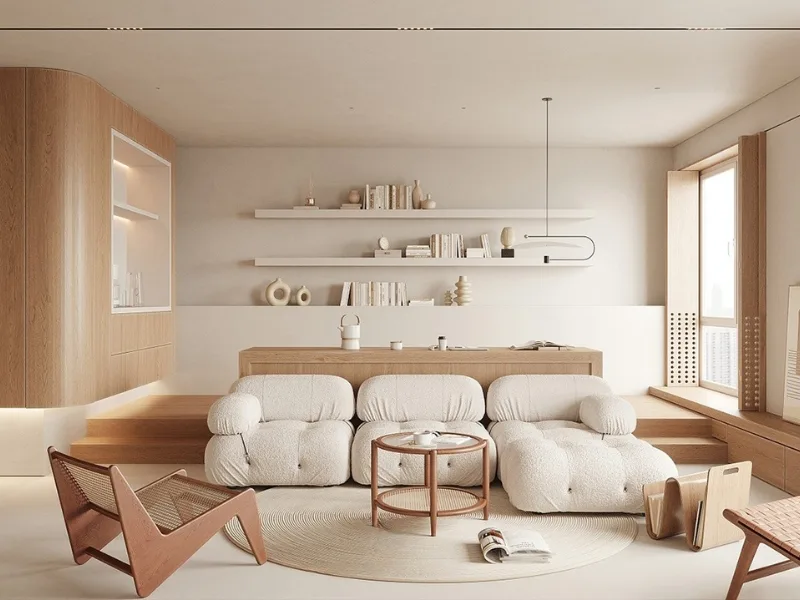 Phòng khách phong cách Tối giản có sofa trắng bo tròn và bàn trà nhỏ giữa khoảng sàn thoáng.