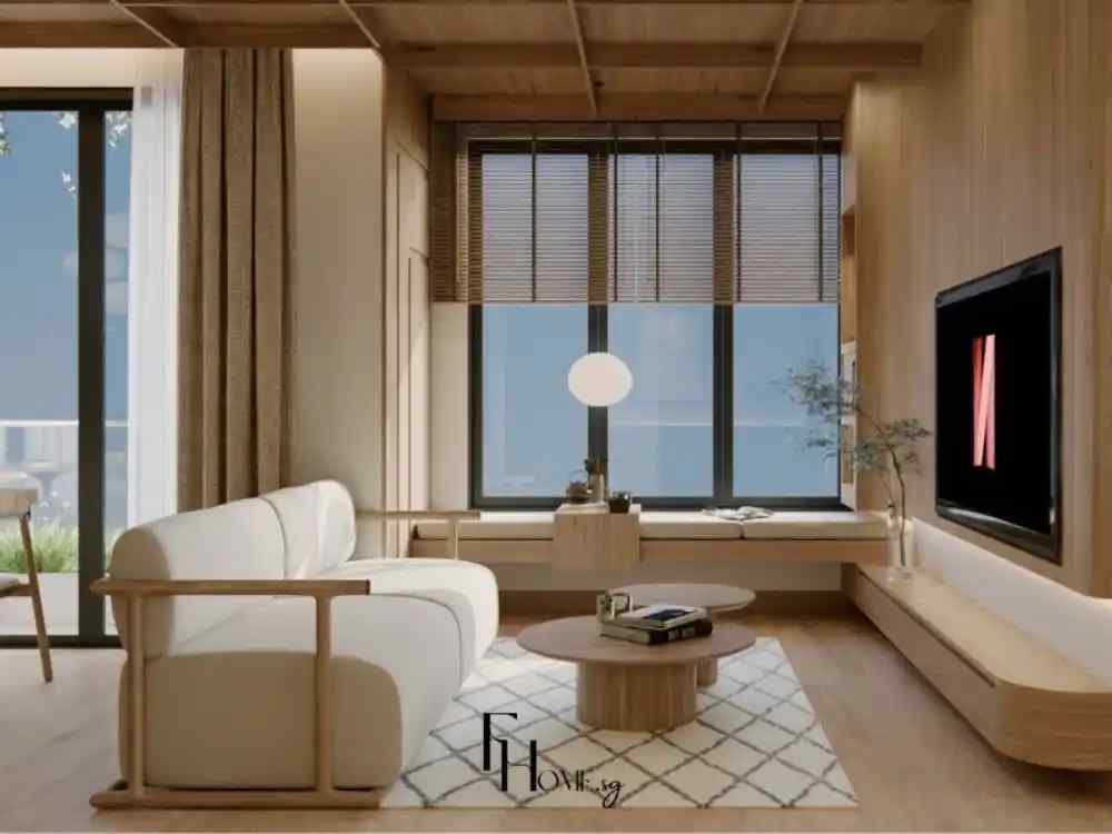 Phòng khách tối giản, sofa khung gỗ, bàn trà tròn, tivi treo tường và cửa sổ lớn đón ánh sáng