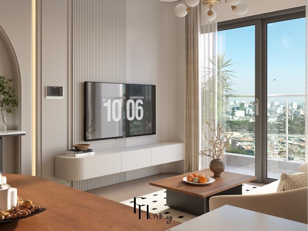 Phòng khách tối giản với kệ TV treo, bàn gỗ thấp và cửa kính lớn đón sáng