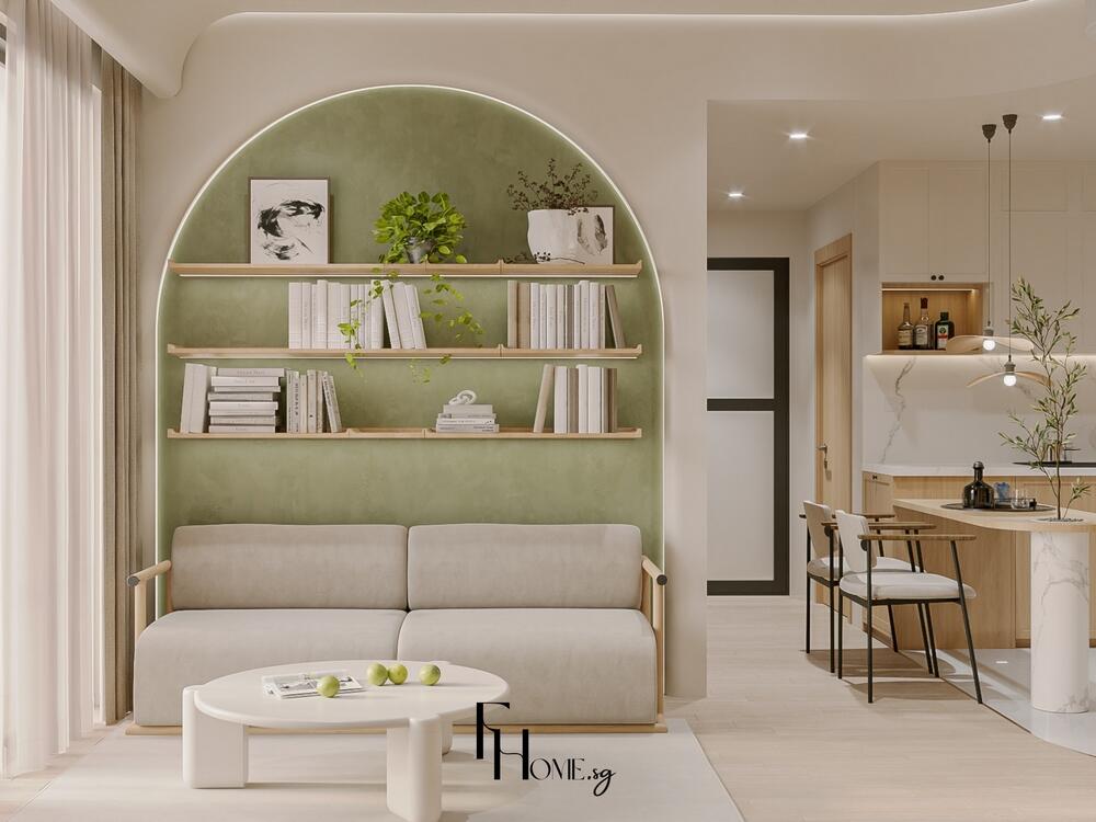 Phòng khách tối giản với sofa be, kệ vòm xanh và bàn trà trắng