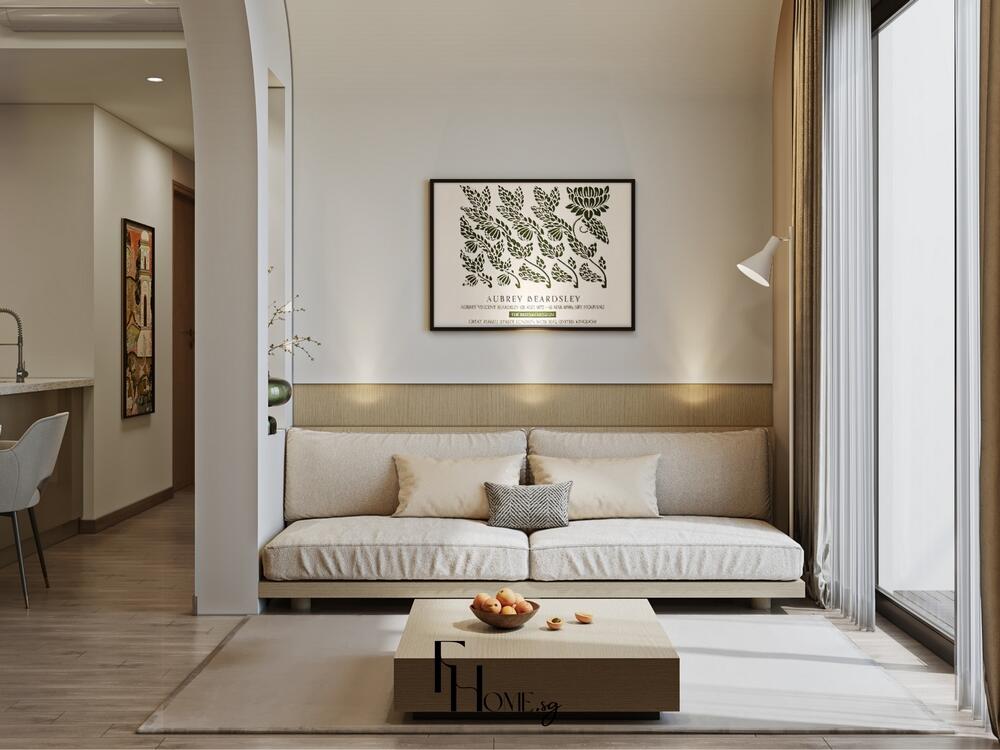 Phòng khách tối giản với sofa kem, bàn gỗ vuông và tranh lá nghệ thuật trên tường