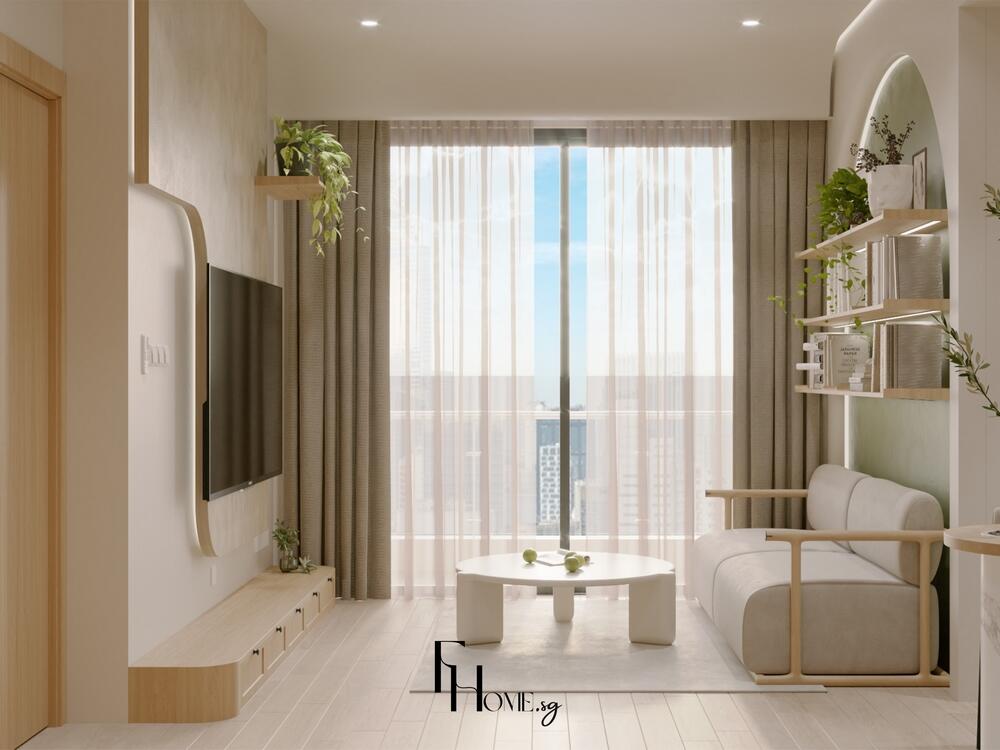 Phòng khách tối giản với sofa sáng màu, bàn trà tròn trắng và rèm dài đón ánh sáng