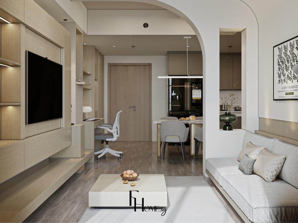 Phòng khách tối giản với sofa xám, bàn thấp vuông và kệ TV gỗ sáng