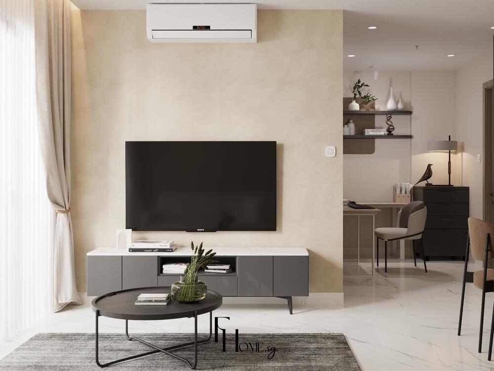 Phòng khách tối giản với tông be sáng, kệ tivi đen trắng và rèm vải sáng tự nhiên