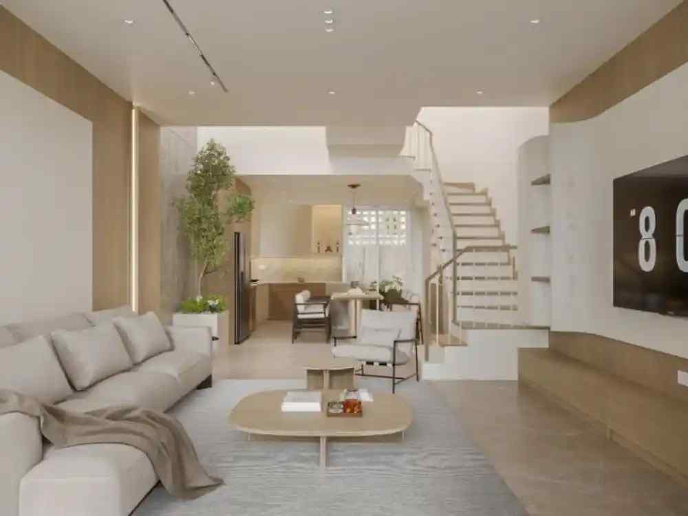 Phòng khách tông be sáng, sofa nỉ mềm, bàn gỗ thấp, cây xanh điểm sắc, ánh sáng chan hòa tự nhiên