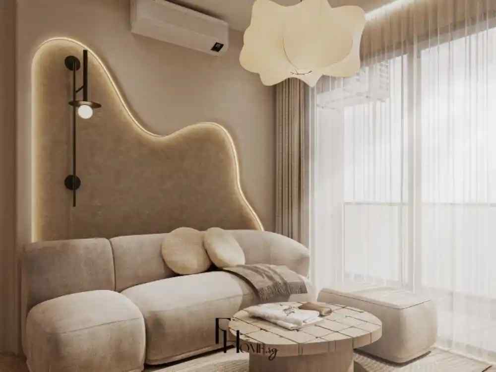 Phòng khách tông màu be ấm áp, sofa vải bo tròn, tường uốn lượn ánh đèn LED và đèn trần