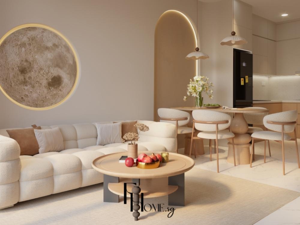 Phòng khách với tông màu vàng nhạt ấm cúng, nhẹ nhàng