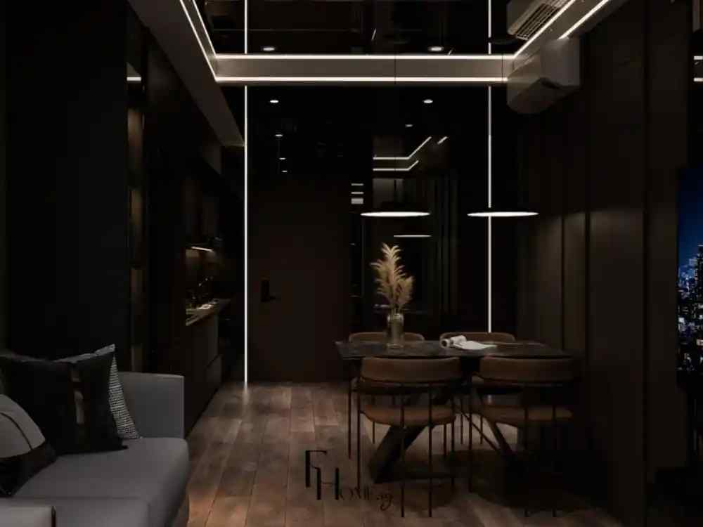 Phòng khách và khu ăn tối hiện đại tông đen, ánh sáng LED ấm, nội thất da nâu và gỗ tối màu