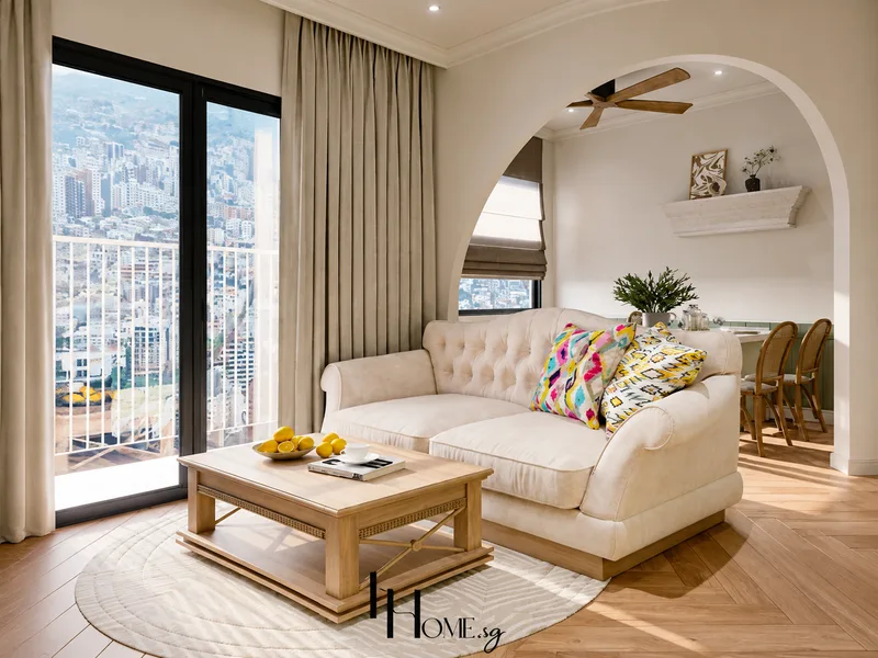 Phòng khách phong cách Farmhouse tại Vinhomes Grand Park do FHome Sài Gòn thực hiện có sofa kem đi cùng bàn trà gỗ.