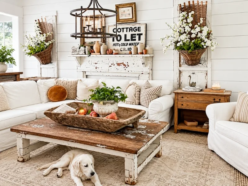 Phòng khách phong cách Vintage đặt sofa trắng quanh bàn trà gỗ cũ dưới biển trang trí trên tường.