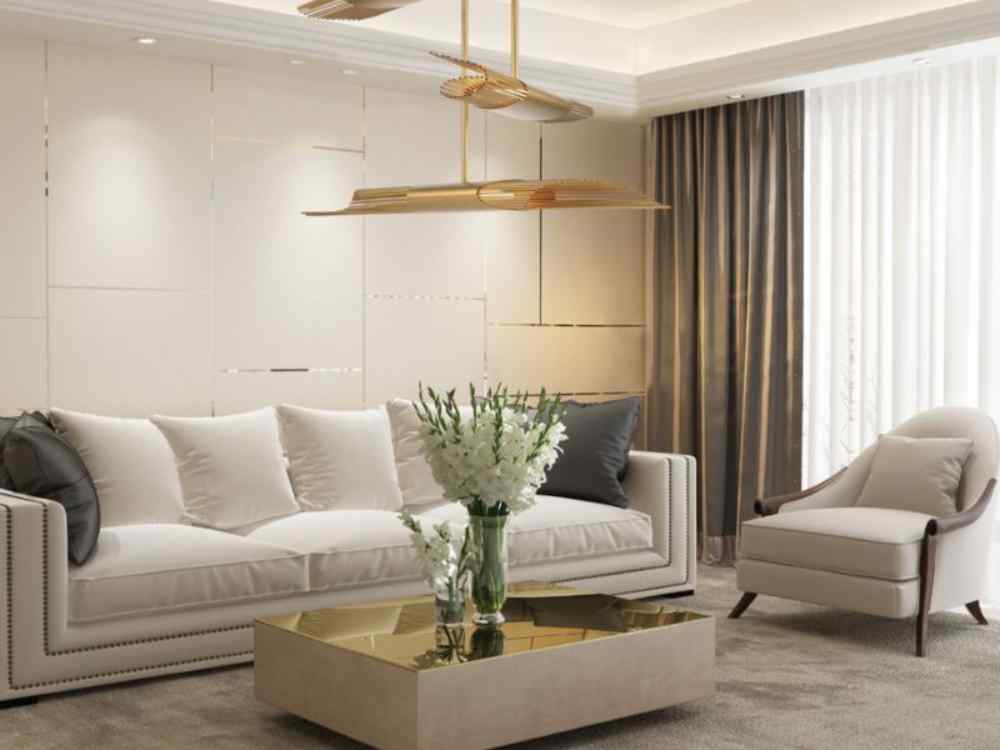 Phòng khách với đèn thả trang trí hiện đại, thanh mảnh, ánh sáng vàng ấm