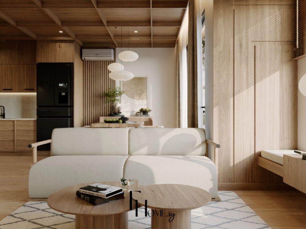 Phòng khách với sofa bọc nệm, bàn trà gỗ và đèn chùm pha lê tạo không gian sang trọng và quý phái.